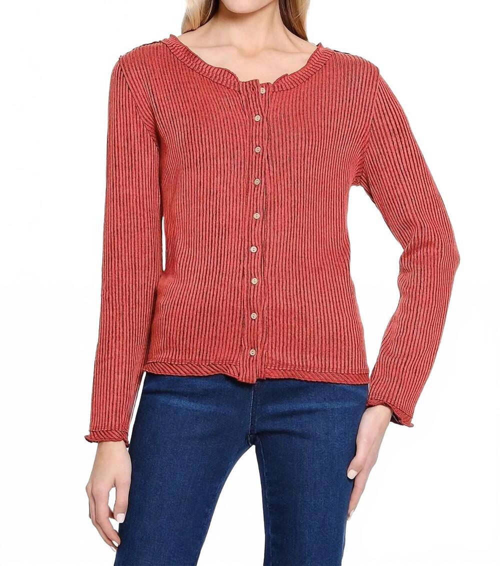 NEW TRU LUXE stripe knit button up top in brick